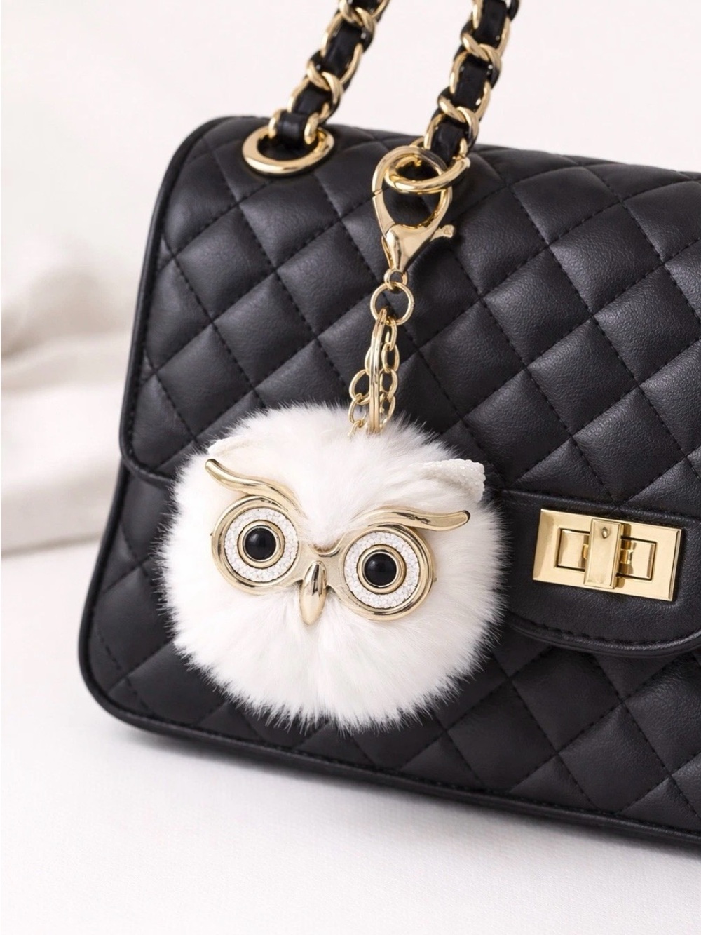 White Faux Fur Owl Bag Charm Keychain Gold Tone Rhinestone Eyes Pom Pom
